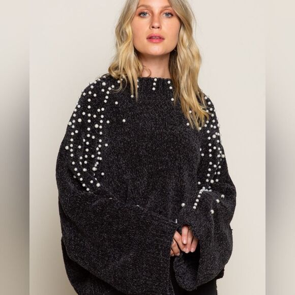 POL USA Oversized Pearl Embellished Sleeves Sweater Extra Baggy Sz Small - Picture 6 of 7